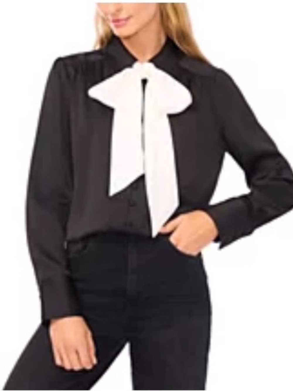 🌸NEW Women's Long-Sleeve Button Down Shirred Collared Top with Bow Women’s Sz M.